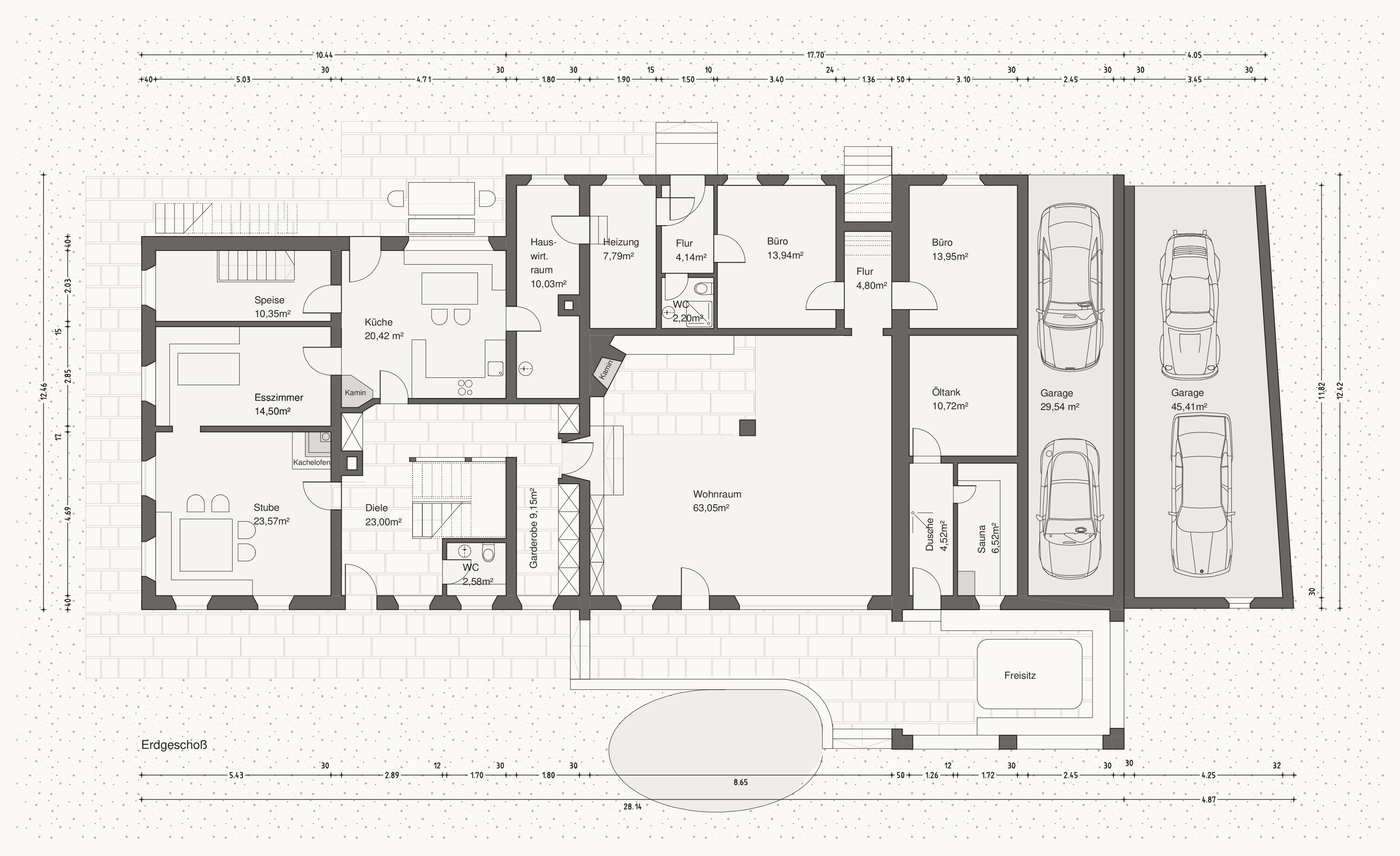 Grundriss Erdgeschoss mit Stube, Küche, Diele, Wohnraum, Sauna und Garagen