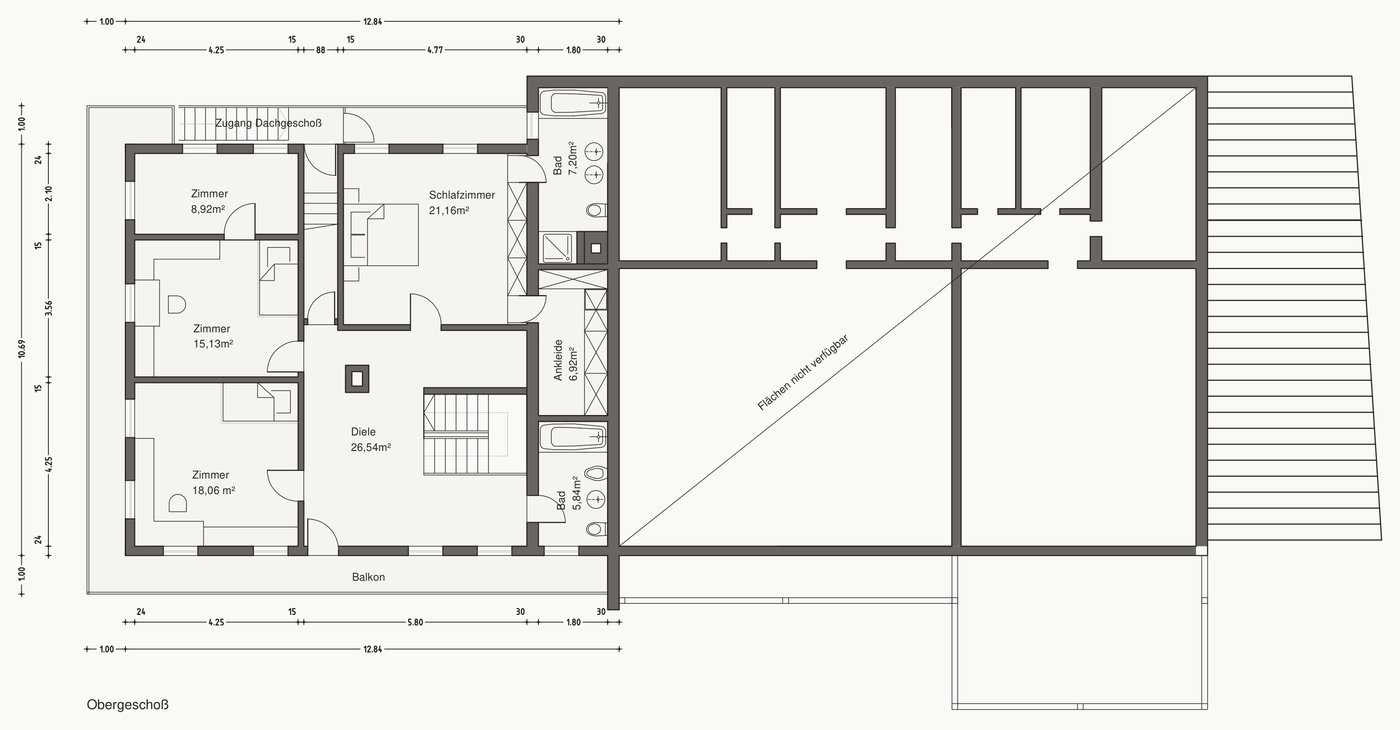 Grundriss Obergeschoss mit Diele, Schlafzimmern, Bädern und Ankleide