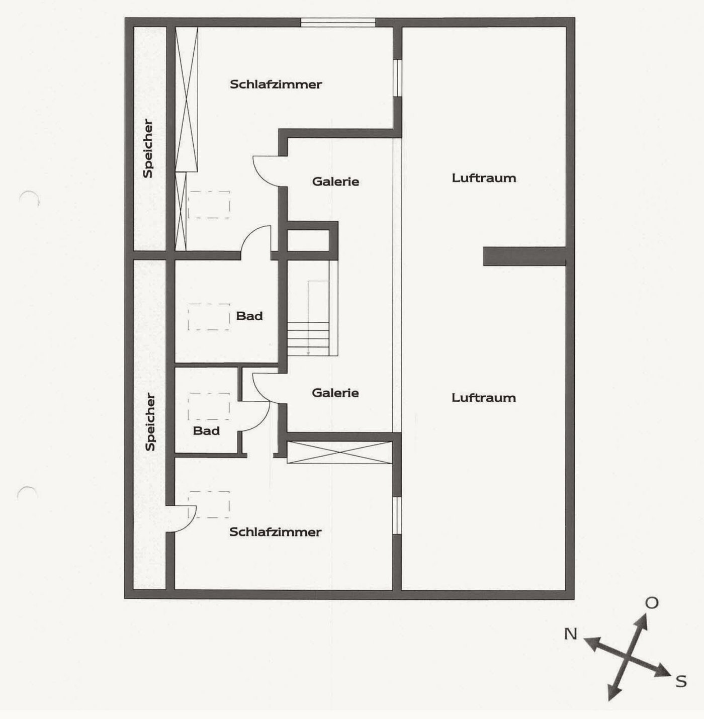Grundriss der Tenne, obere Ebene mit Galerie und Schlafzimmern