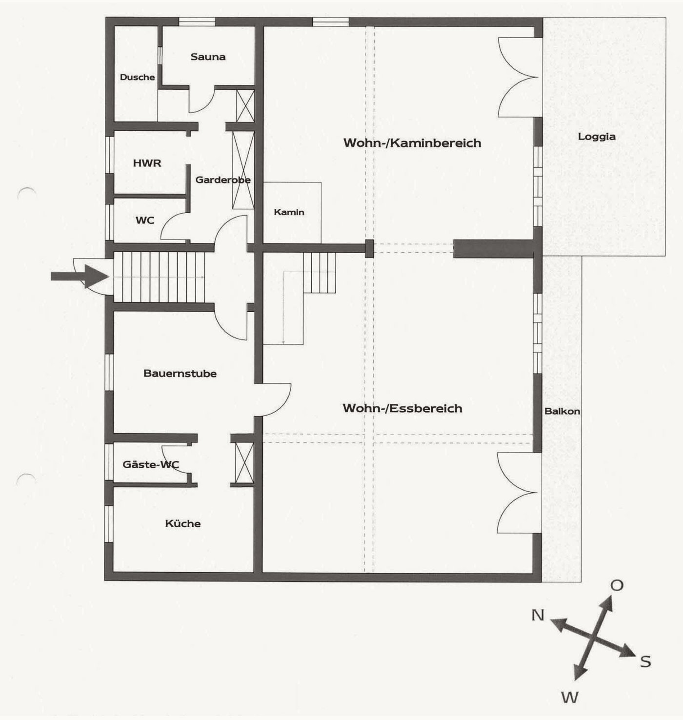 Grundriss der Tenne, Eingangsebene mit Wohn- und Kaminbereich